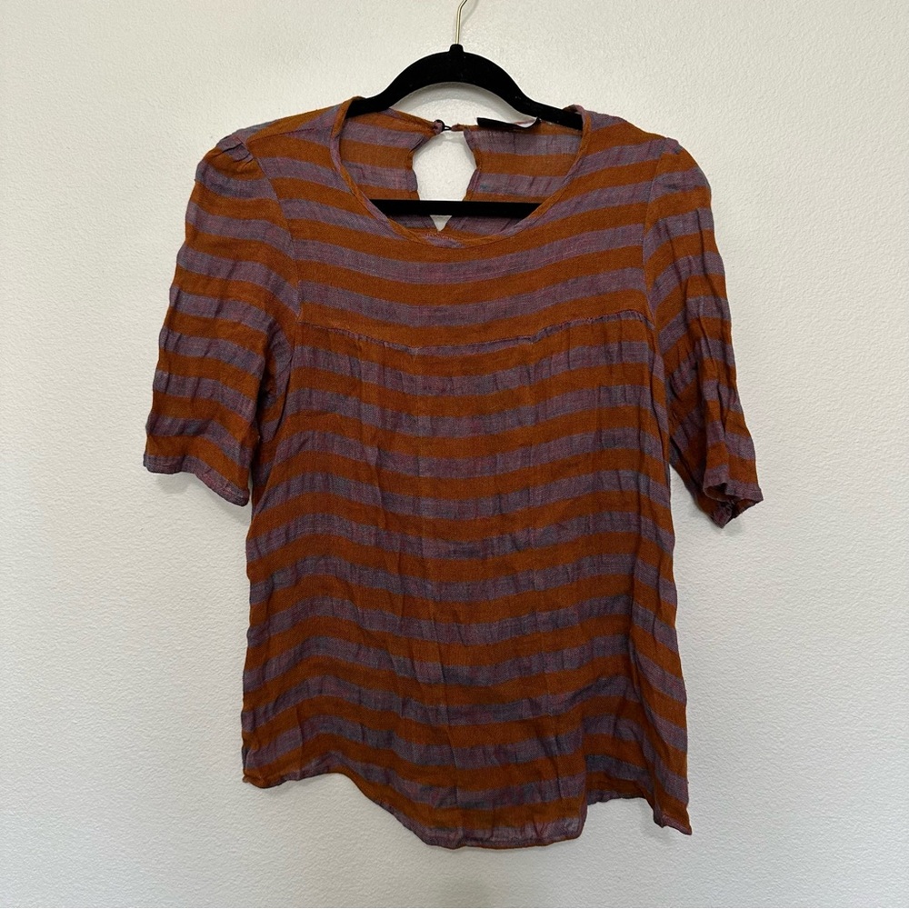 Loup women’s linen striped woven blouse orange and blue multicolor size M medium